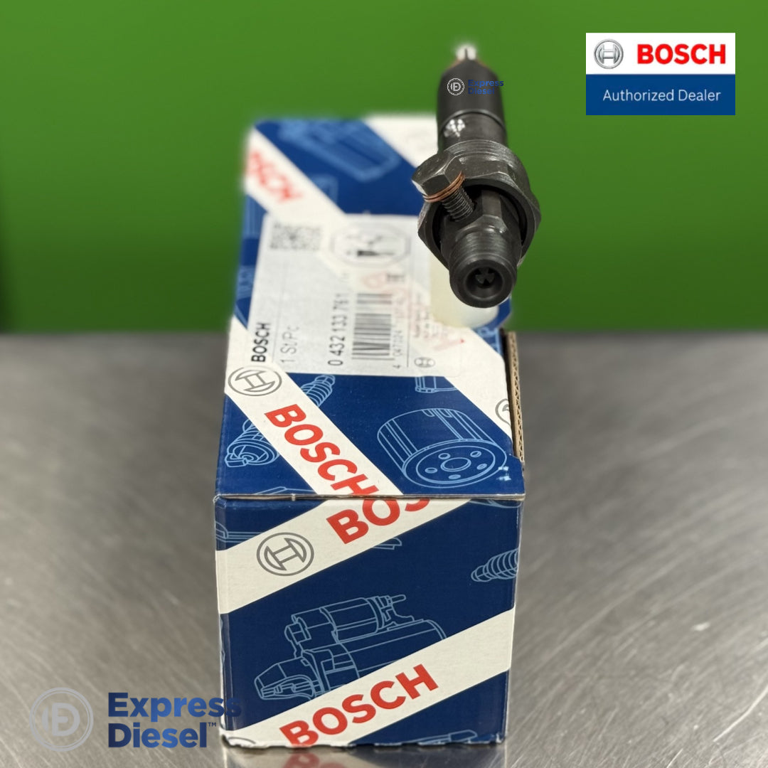 Side view of genuine Bosch 0432133761 nozzle and holder assembly for Case New Holland with original Bosch box