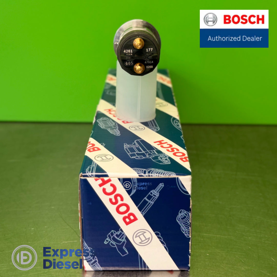 Close-up of the Bosch 0445120177 injector connector terminals and engraved identification codes 4261, 177, 685, 47914 and 0268