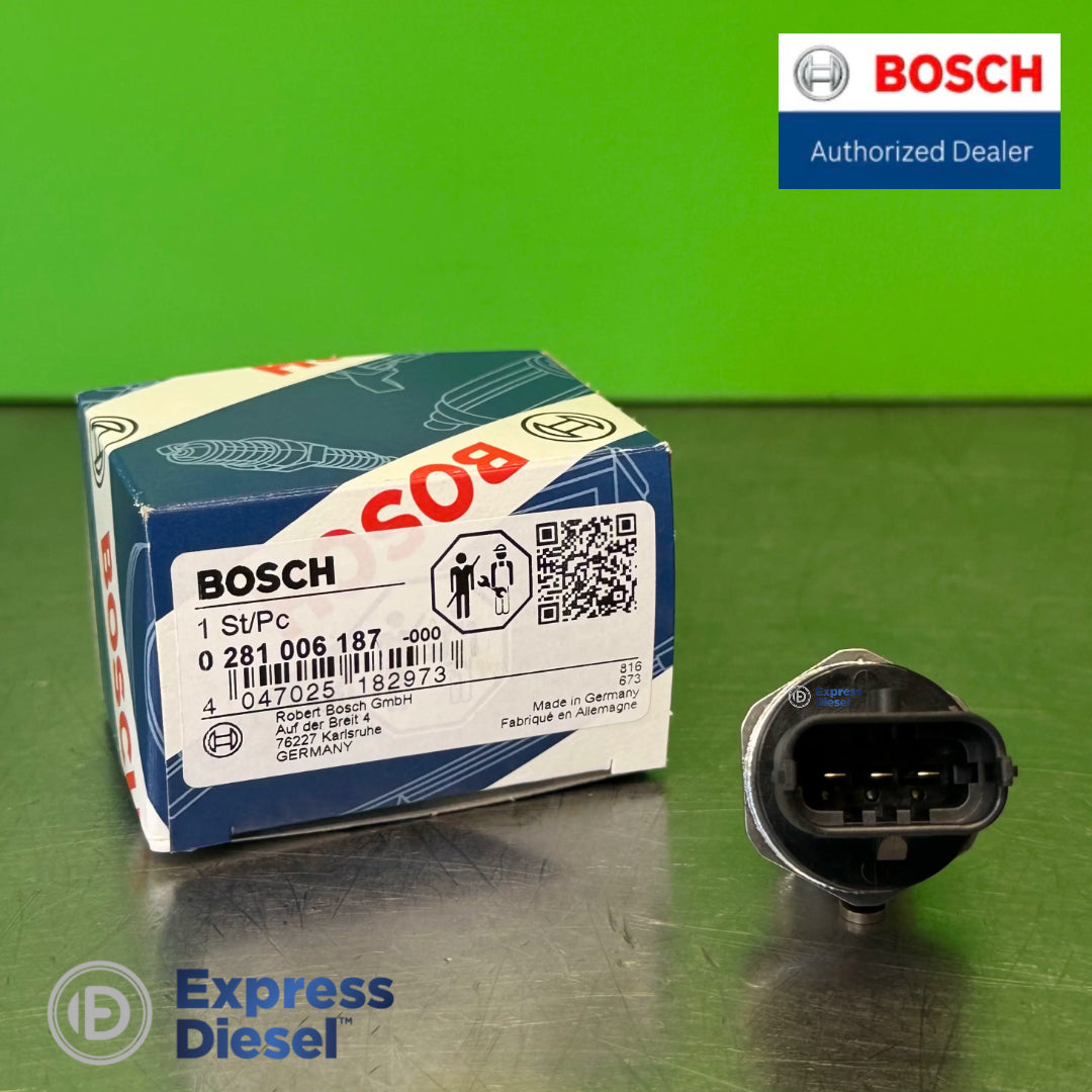 Bosch 0281006187 fuel rail pressure sensor front view with 3-pin connector next to Bosch box, Renault Nissan 2.0 dCi M9R