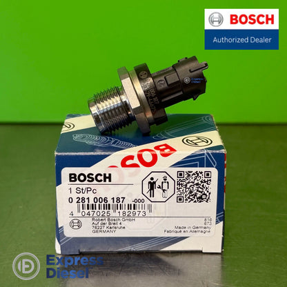 Genuine Bosch 0281006187 rail pressure sensor side view with Made in Germany marking, Renault Nissan 2.0 dCi M9R