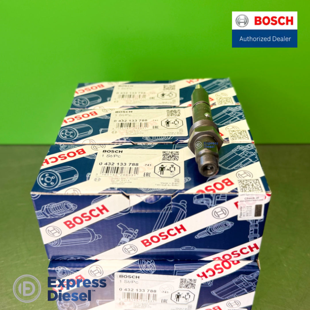 Bosch 0432133788 injector upright beside set of 6 Bosch box labels showing EAN 3165143288931