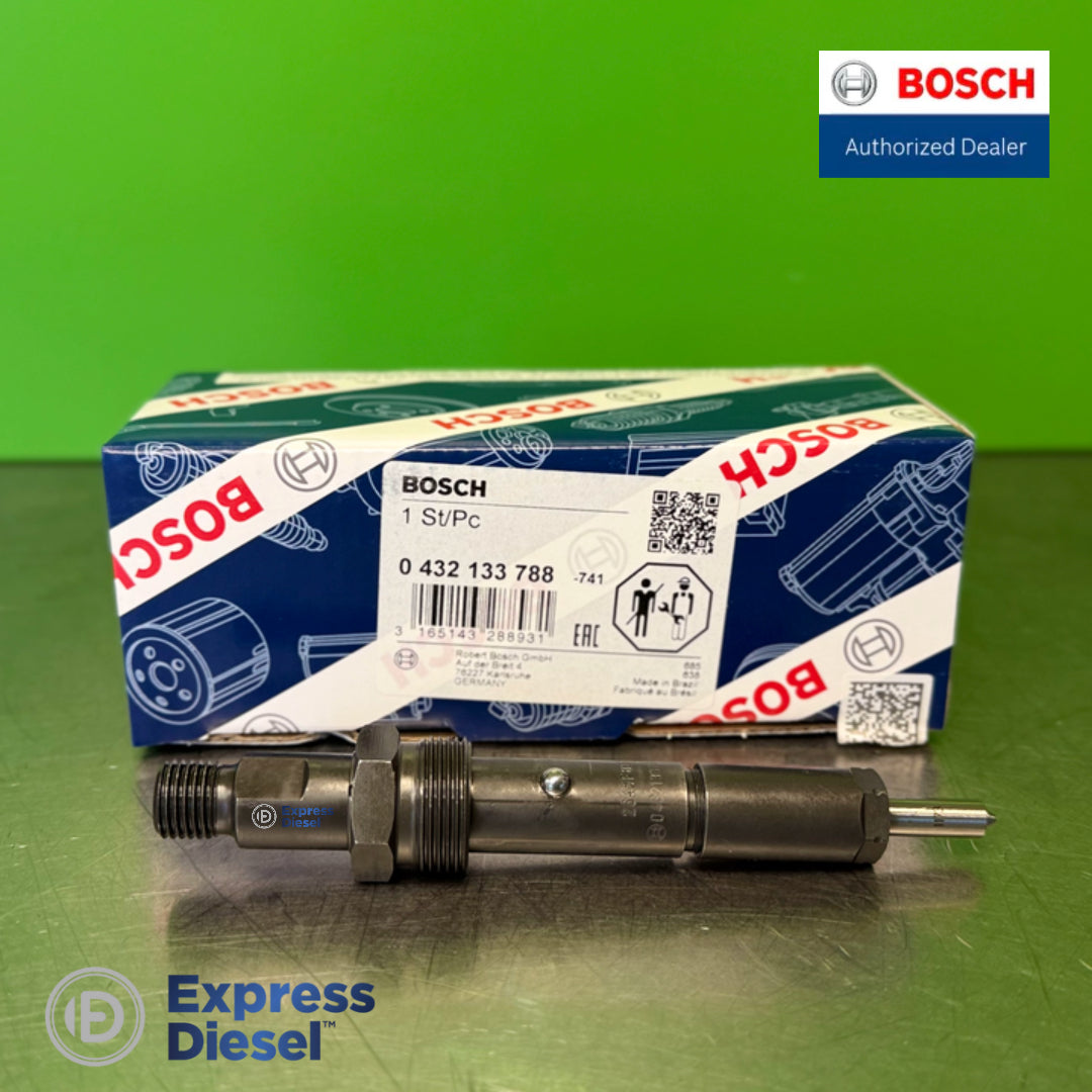 Bosch 0432133788 injector full side view with nozzle tip, replacement for Caterpillar 3056E 216-9786