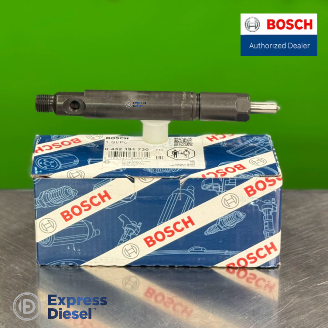 Bosch 0432191730 diesel injector side view with leak-off port, Volvo OE 8112303 equivalent