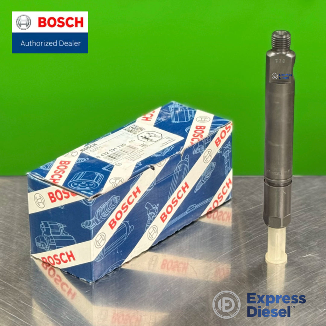 Bosch 0432191730 injector KBEL117P73 upright beside original Bosch box, replaces Volvo 479443 8112303