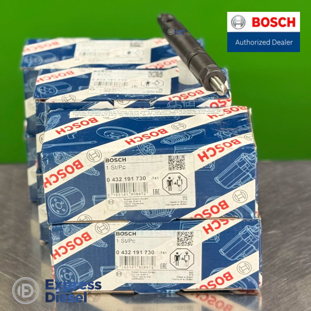 Bosch 0432191730 injector nozzle tip close-up over set of 6 OEM boxes, Volvo OE 479443