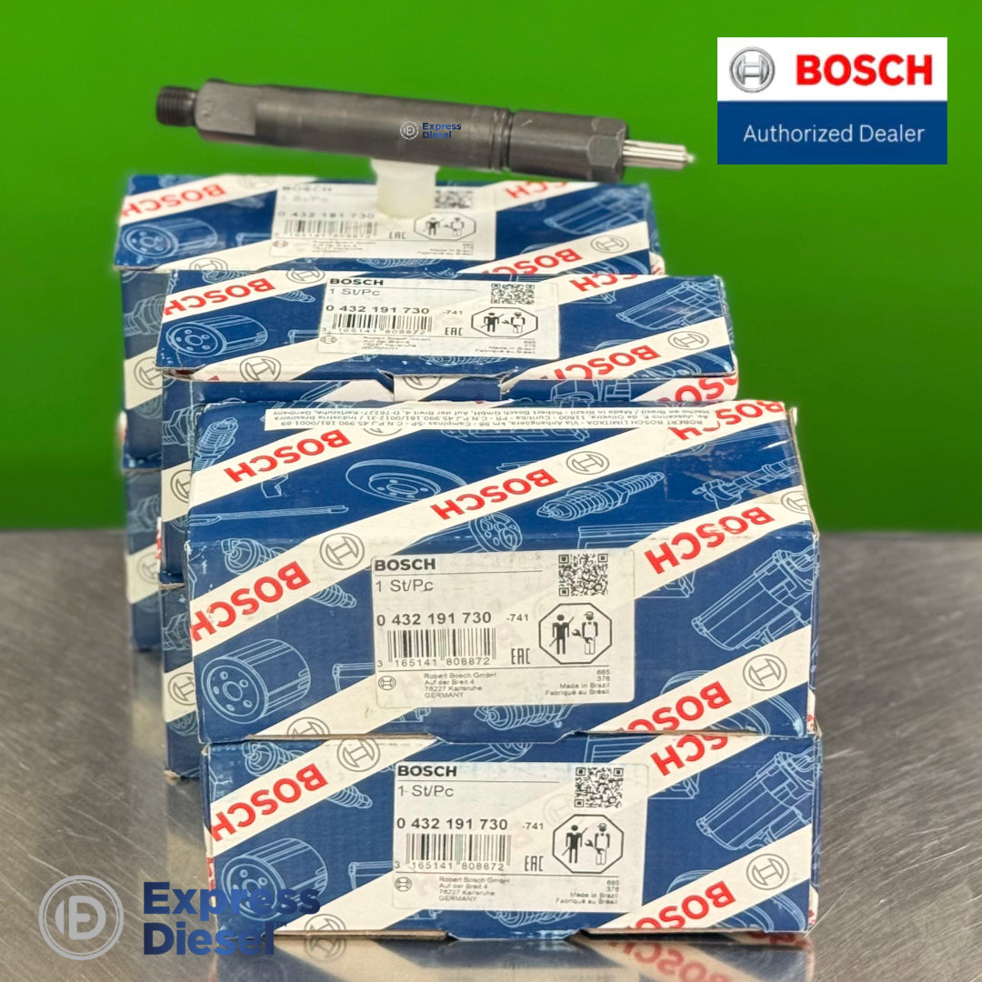 Bosch 0432191730 injector side view on stack of six Bosch boxes, Volvo Penta TWD1030 TWD1031, OE 479443
