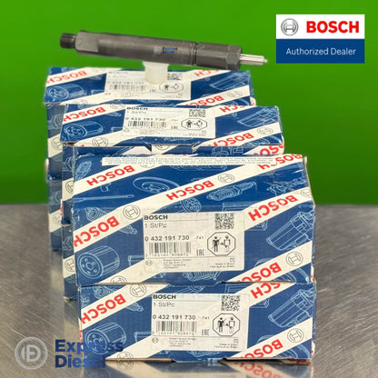 Bosch 0432191730 injector side view on stack of six Bosch boxes, Volvo Penta TWD1030 TWD1031, OE 479443