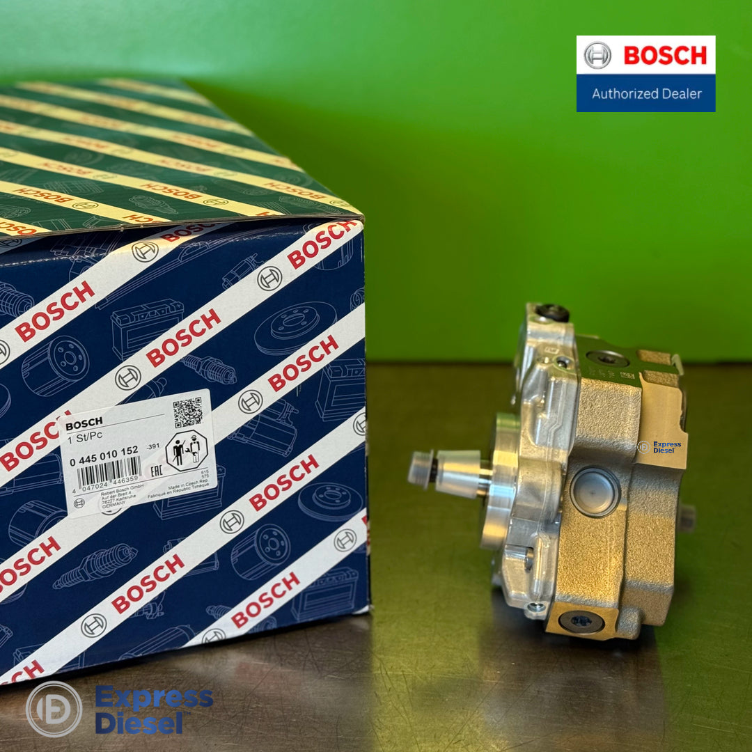 Side view of Bosch 0445010152 CP3 high-pressure pump, references RX046351AA and VM Motori 35022104G for Dodge Nitro 2.8 CRD