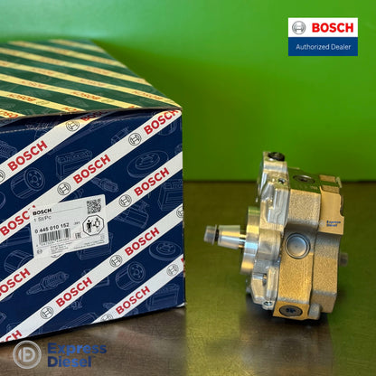 Side view of Bosch 0445010152 CP3 high-pressure pump, references RX046351AA and VM Motori 35022104G for Dodge Nitro 2.8 CRD