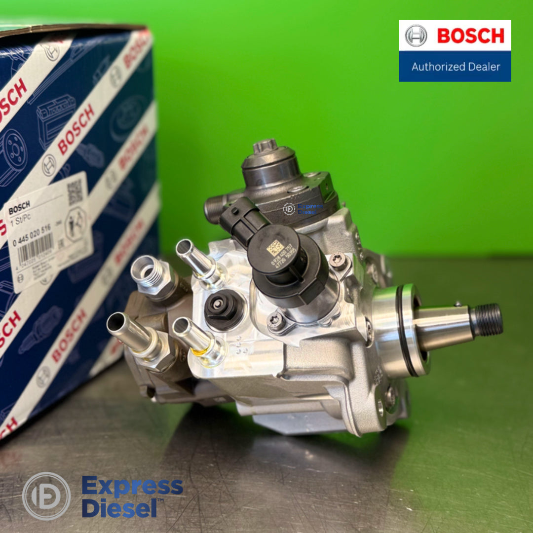 Bosch 0445020516 CP4 pump fuel ports and pressure control valve, three-quarter view