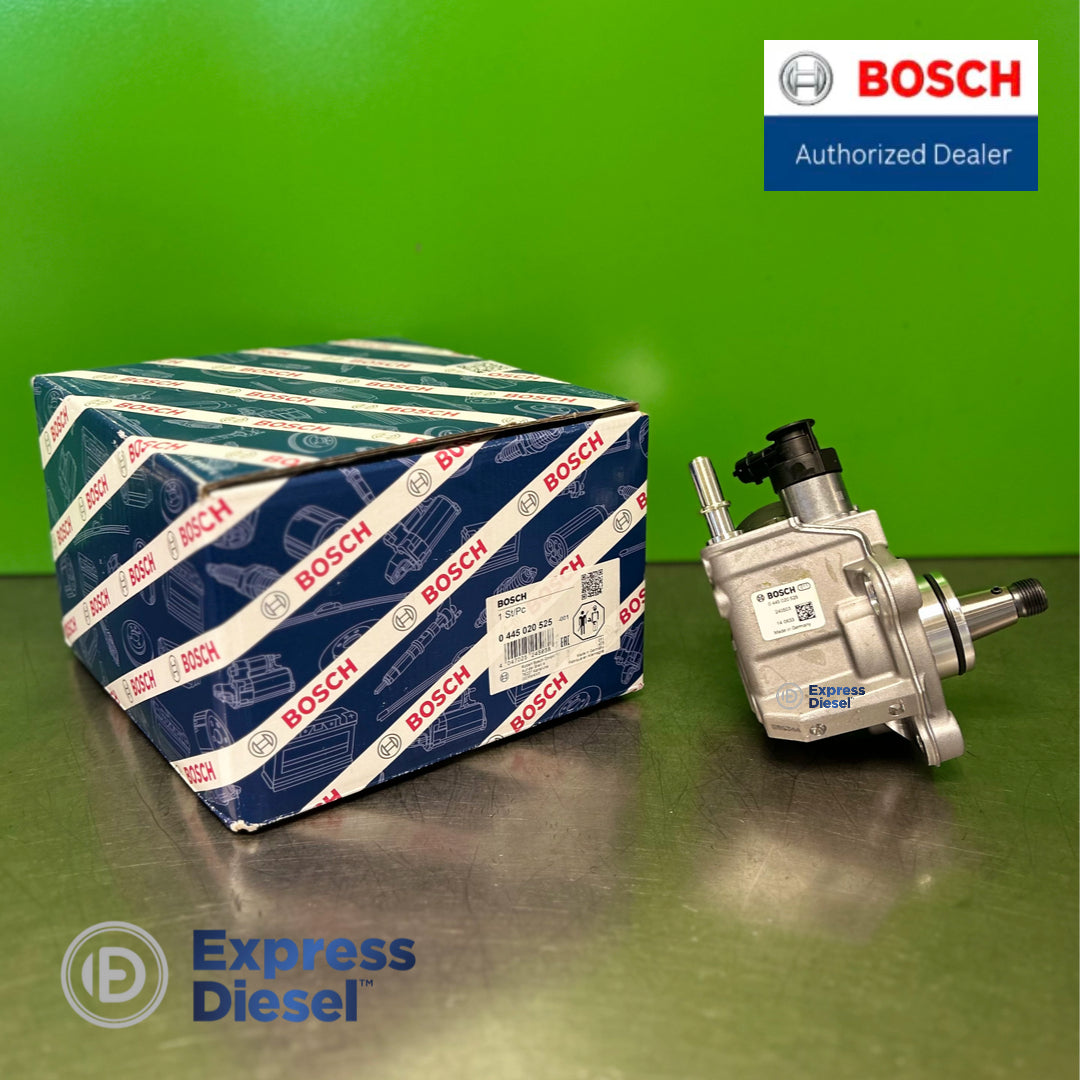 Side view of Bosch 0445020525 high-pressure common rail fuel injection pump for Deutz diesel engines with OEM Bosch box 04123934, 4123934, 04123891, 4123891, 50288228, 70008425, 70400223, 0445020526, 0445020518