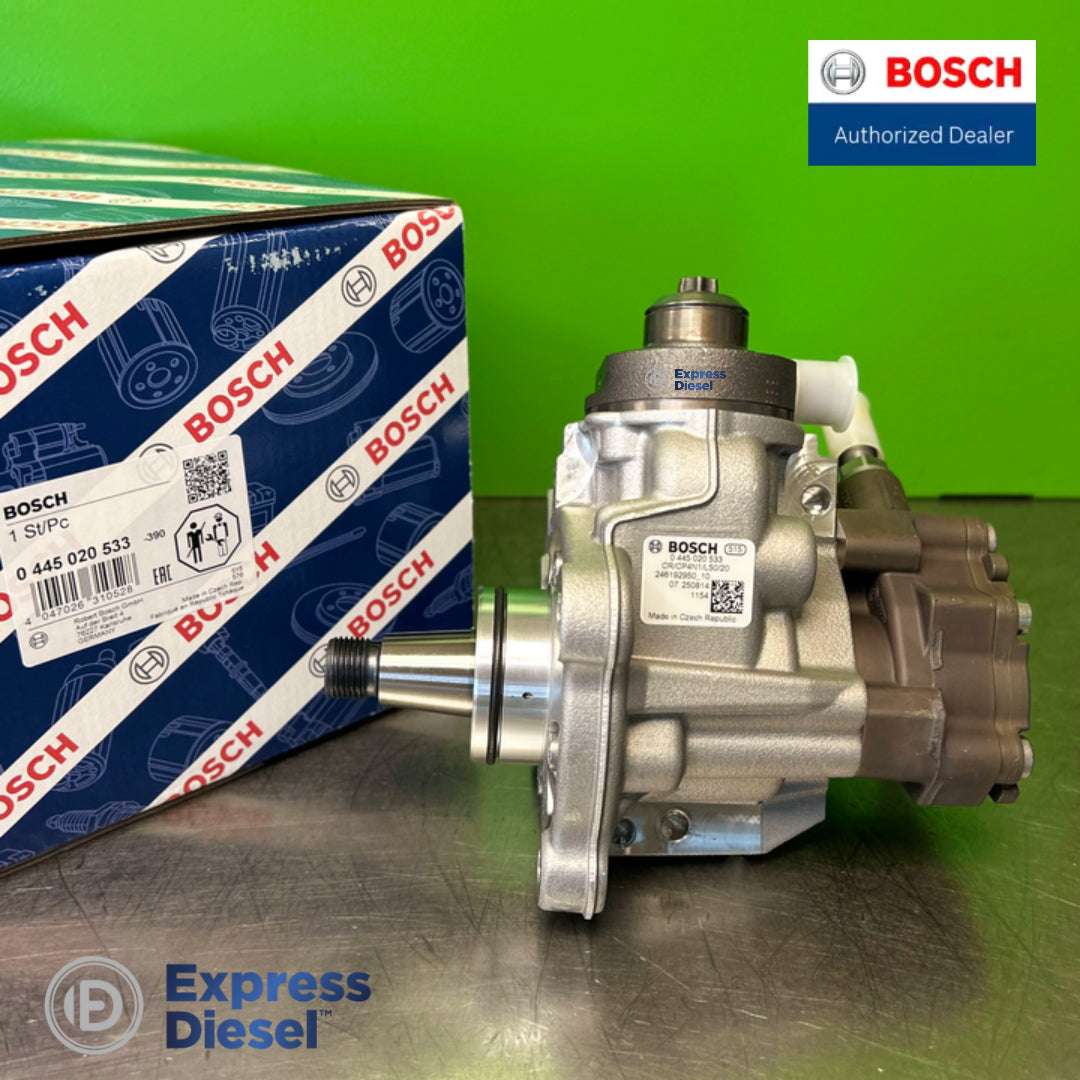 Bosch 0445020533 CP4 pump side view with drive shaft and Bosch identification label