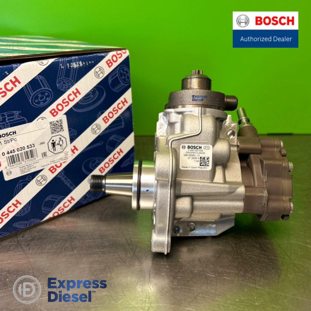 Bosch 0445020533 pump identification label showing type formula CR/CP4N1/L50/20, OE 246192950 and Made in Czech Republic