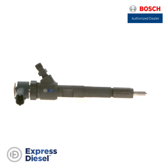 Bosch 0445110183 common rail injector - full side view with solenoid connector and nozzle