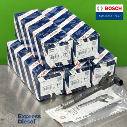 Set of 5 genuine Bosch 0445110203 CRI1-13 common rail diesel injectors with original Bosch OEM boxes for Mercedes Sprinter and Jeep 2.7 CDI CRD