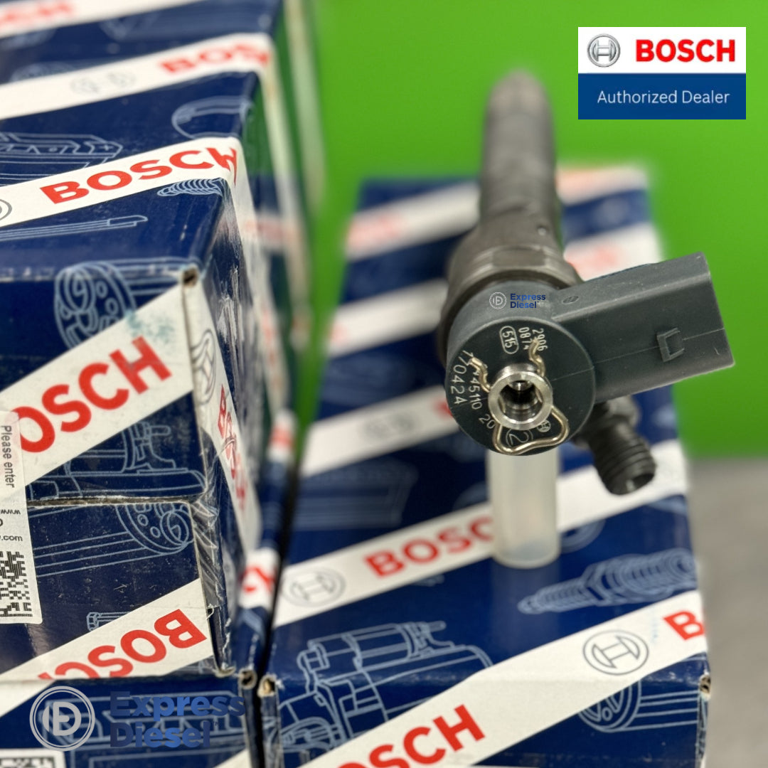 Close-up of Bosch 0445110203 CRI1-13 injector solenoid connector and nozzle with laser marking, Bosch authorized dealer