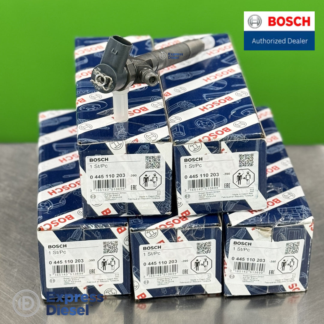 Five Bosch 0445110203 injector boxes showing OEM labels 0 445 110 203, GTIN 3165143513699, made in Czech Republic