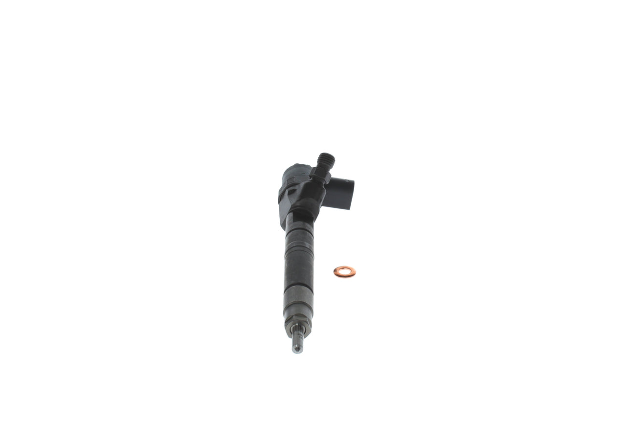 Bosch 0445110203 common rail injector angled view showing solenoid connector and high-pressure inlet for Mercedes-Benz OM612 2.7 CDI
