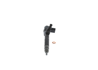 Bosch 0445110203 common rail injector angled view showing solenoid connector and high-pressure inlet for Mercedes-Benz OM612 2.7 CDI
