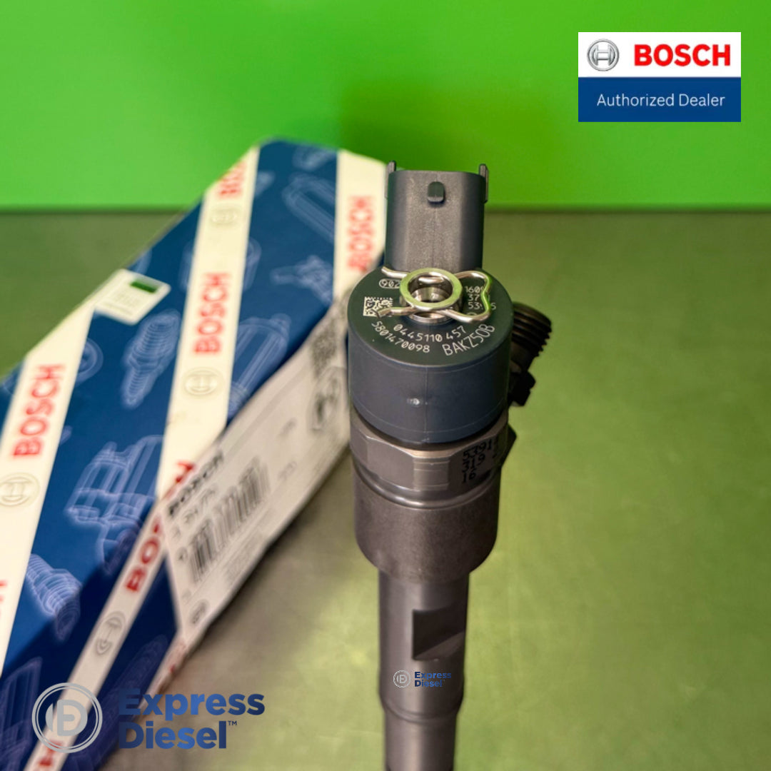 Bosch 0445110457 common rail injector - laser marking showing part number and OE 5801470098