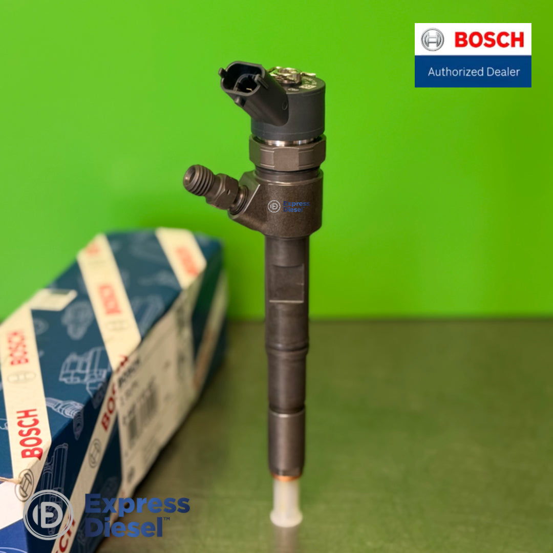 Bosch 0445110457 common rail injector - full front view standing upright