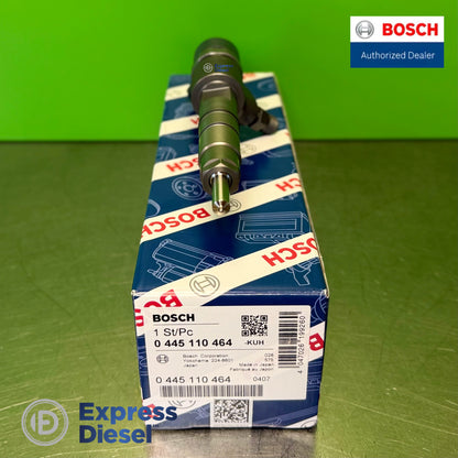 Bosch 0445110464 CRI2-16 injector nozzle tip detail standing on original Bosch box with part number label, Yanmar OE 129A01-53100