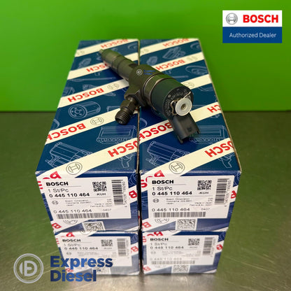 Bosch 0445110464 CRI2-16 injector set of 4 detail showing solenoid connector and high-pressure inlet port on stacked Bosch boxes, Yanmar 4TNV86CT