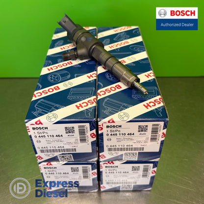 Full side profile of a genuine Bosch 0445110464 CRI2-16 injector with the set of four in original Bosch boxes for Yanmar 4TNV86CT diesel engines