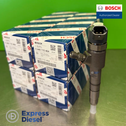 Set of 4 genuine Bosch 0445110464 CRI2-16 common rail diesel fuel injectors for Yanmar 4TNV86CT engines stacked in original Bosch OEM boxes with one injector shown