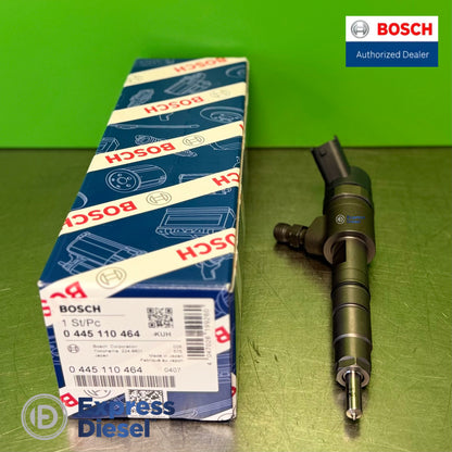 Bosch 0445110464 CRI2-16 common rail injector side view with solenoid connector and nozzle next to original Bosch box, Yanmar 129A01-53100