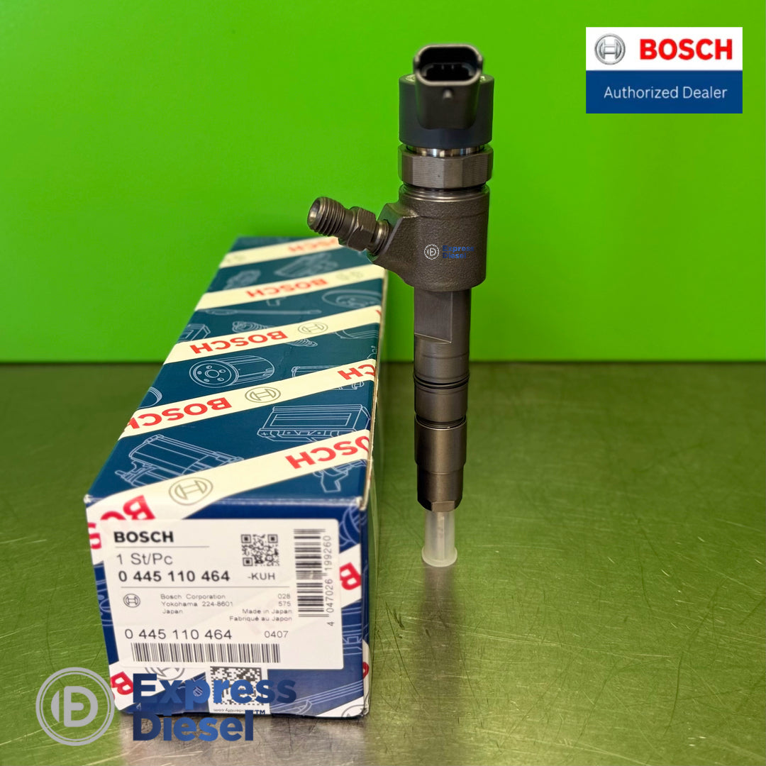 Bosch 0445110464 CRI2-16 diesel injector showing solenoid connector, high-pressure inlet port and protected nozzle tip for Yanmar 3TNV86CT engines