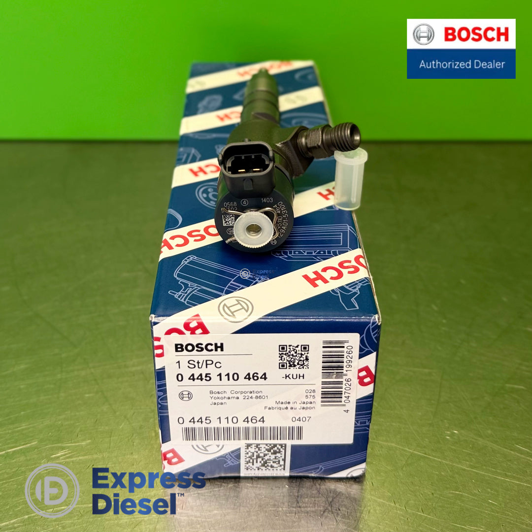 Top view of Bosch 0445110464 CRI2-16 injector solenoid electrical connector and Bosch markings for Yanmar 3TNV86CT and 4TNV86CT diesel engines