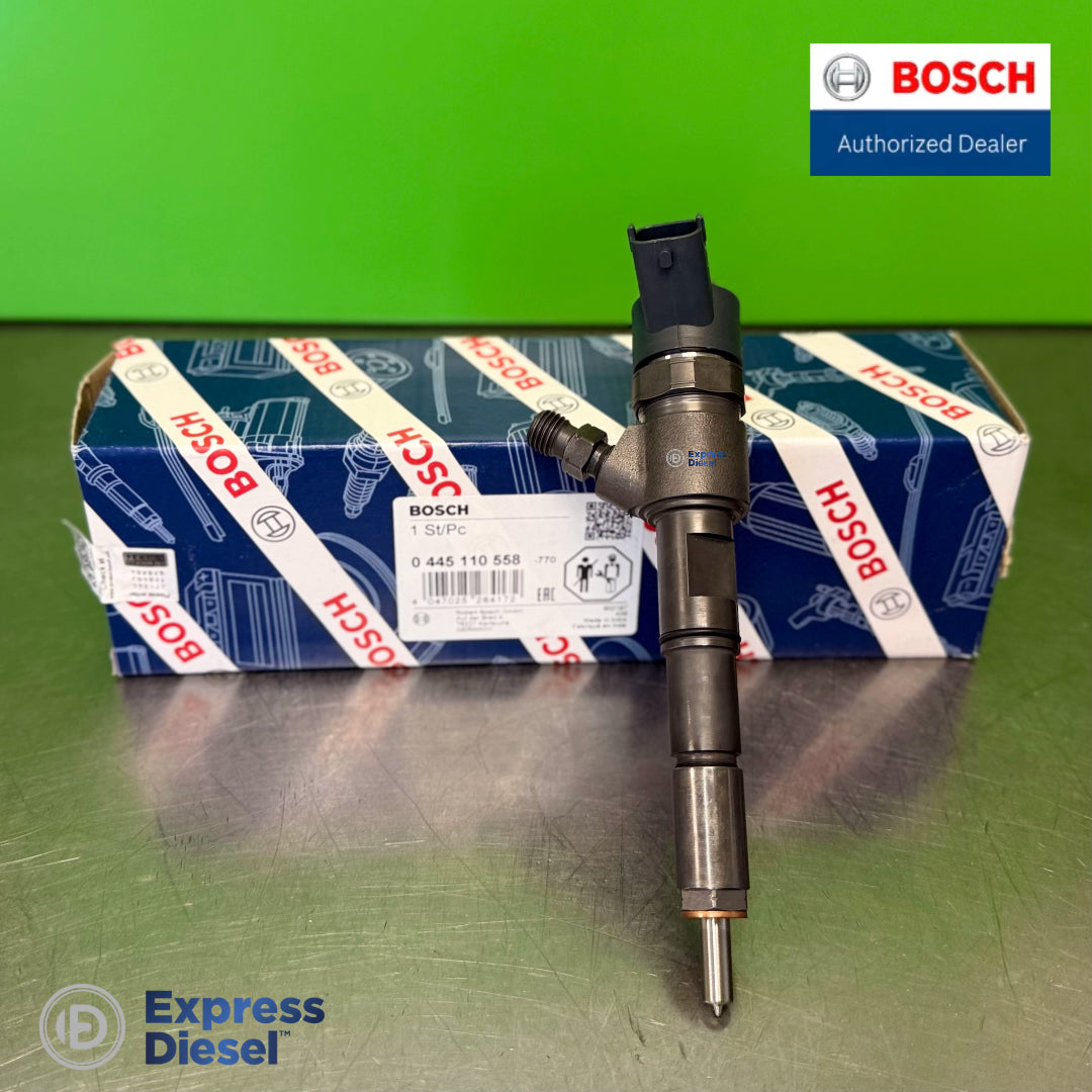 Side view of Bosch 0445110558 common rail diesel fuel injector for Deutz KHD TCD 3.6L engine with original Bosch manufacturer packaging