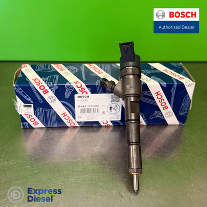 Side view of Bosch 0445110558 common rail diesel fuel injector for Deutz KHD TCD 3.6L engine with original Bosch manufacturer packaging