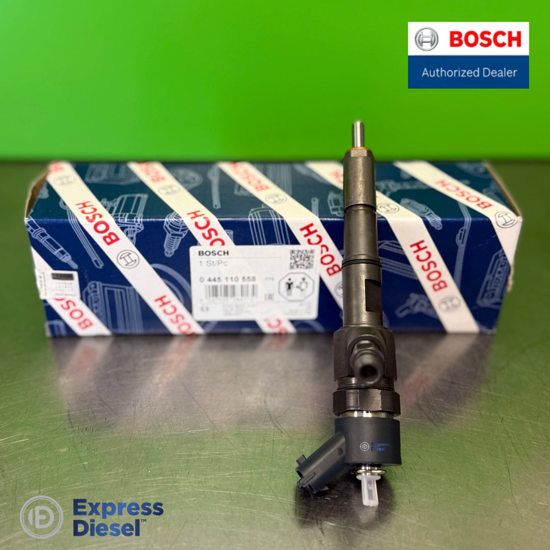 Front view of genuine Bosch 0445110558 CRI2-16 common rail injector for Deutz TCD 3.6L diesel engine with Bosch OEM box label 04123831