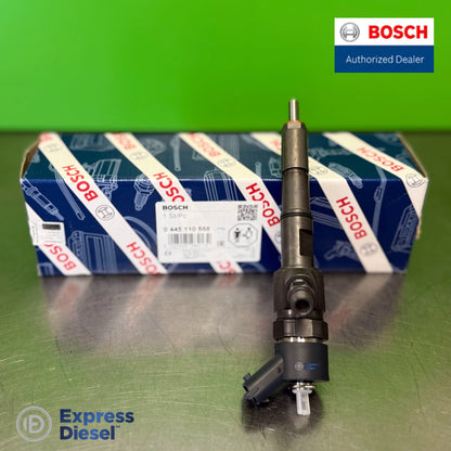 Front view of genuine Bosch 0445110558 CRI2-16 common rail injector for Deutz TCD 3.6L diesel engine with Bosch OEM box label 04123831