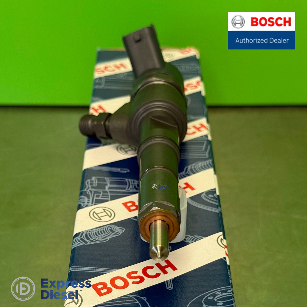 Top view of genuine Bosch 0445110558 CRI2-16 diesel fuel injector showing nozzle tip and solenoid connector for Deutz TCD 3.6L engines 4123872