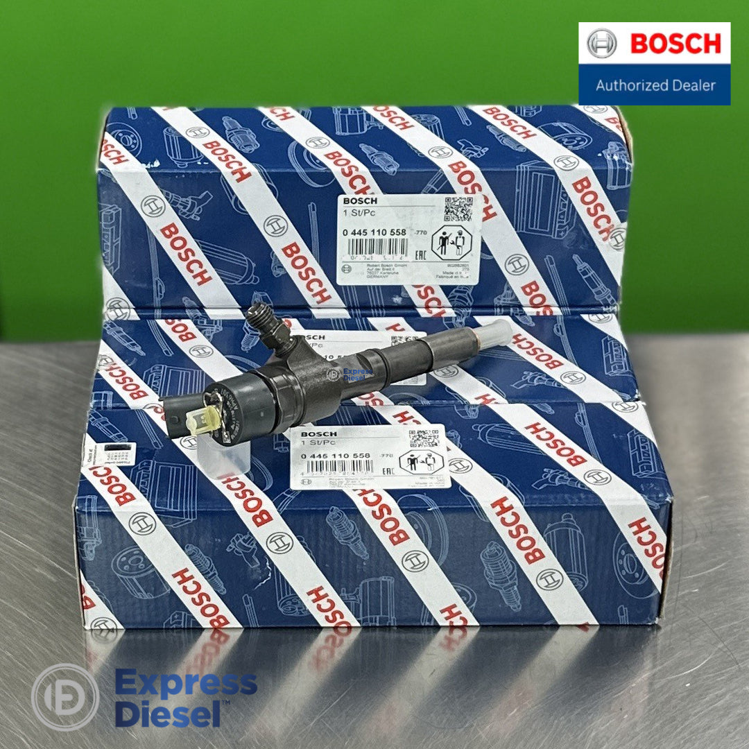 Genuine Bosch 0445110558 injector on Bosch OEM box labeled 0 445 110 558 for Deutz TCD 3.6L, set of 4