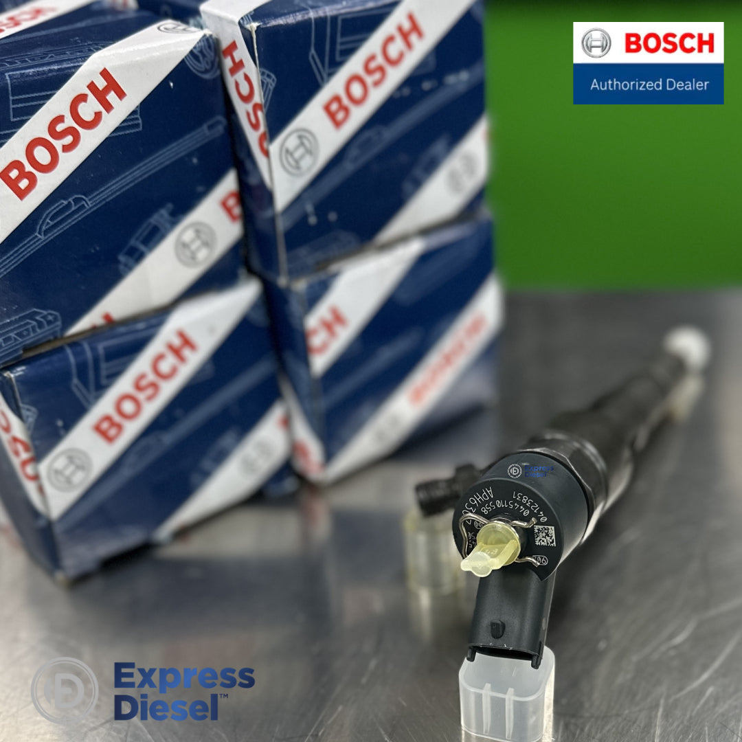 Close-up of Bosch 0445110558 CRI2-16 injector laser engraving 04123831 and solenoid connector, set of 4 for Deutz TCD 3.6L