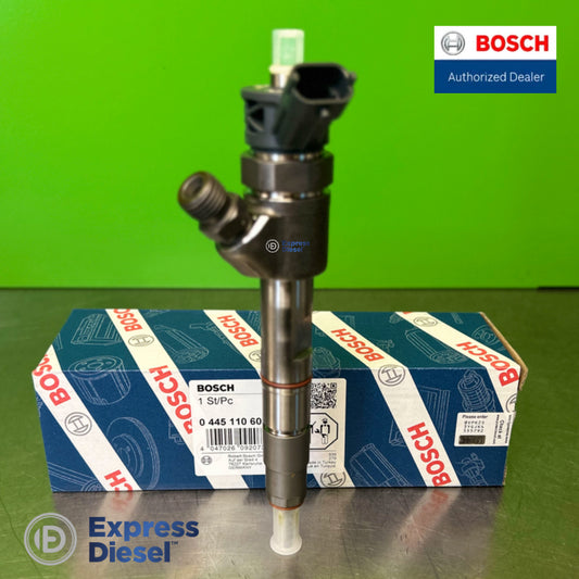 Bosch 0445110605 common rail injector - front view with original Bosch box