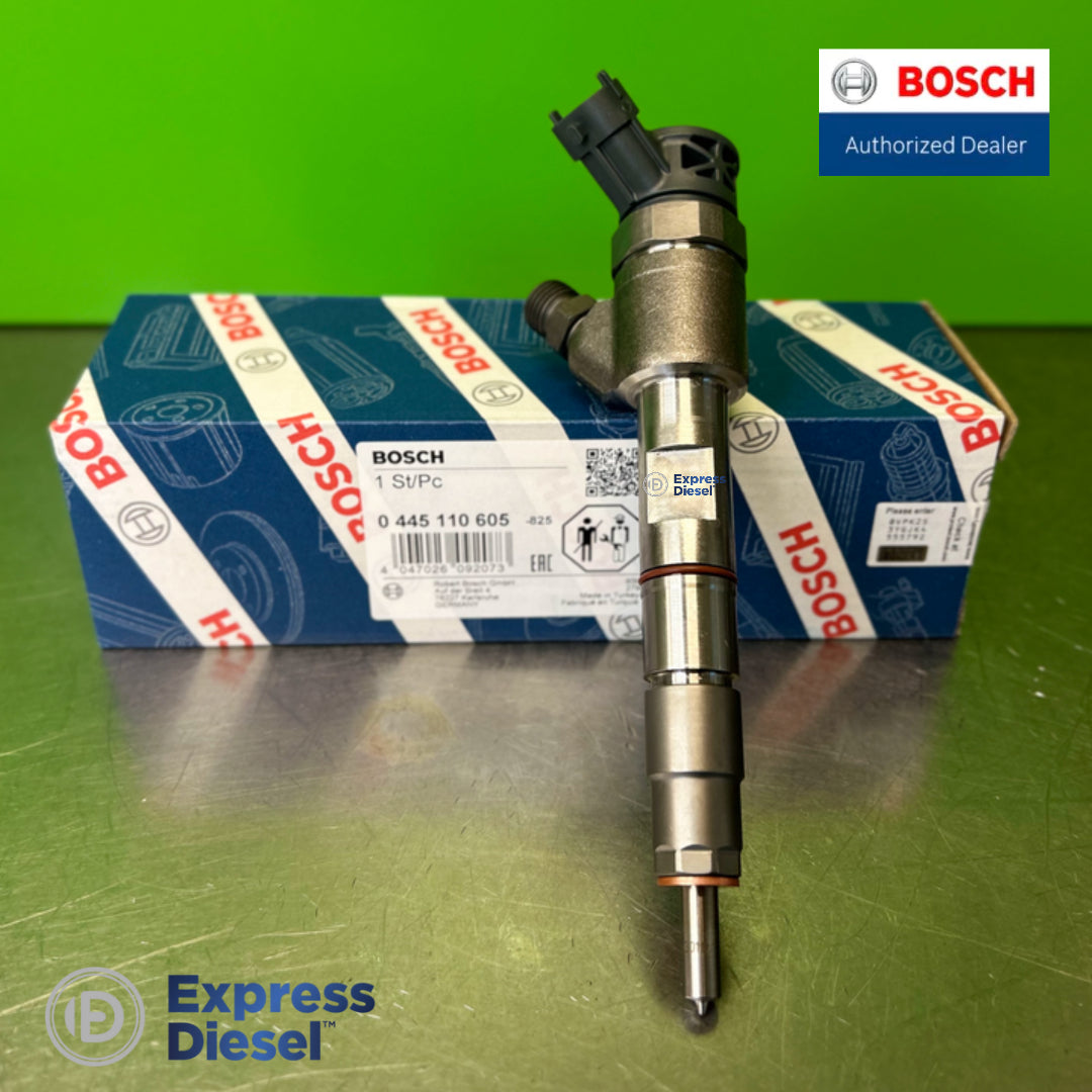 Bosch 0445110605 common rail injector standing beside the Bosch box