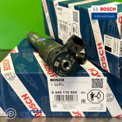 Bosch 0445110605 injector set of 3 - angled view with Bosch boxes