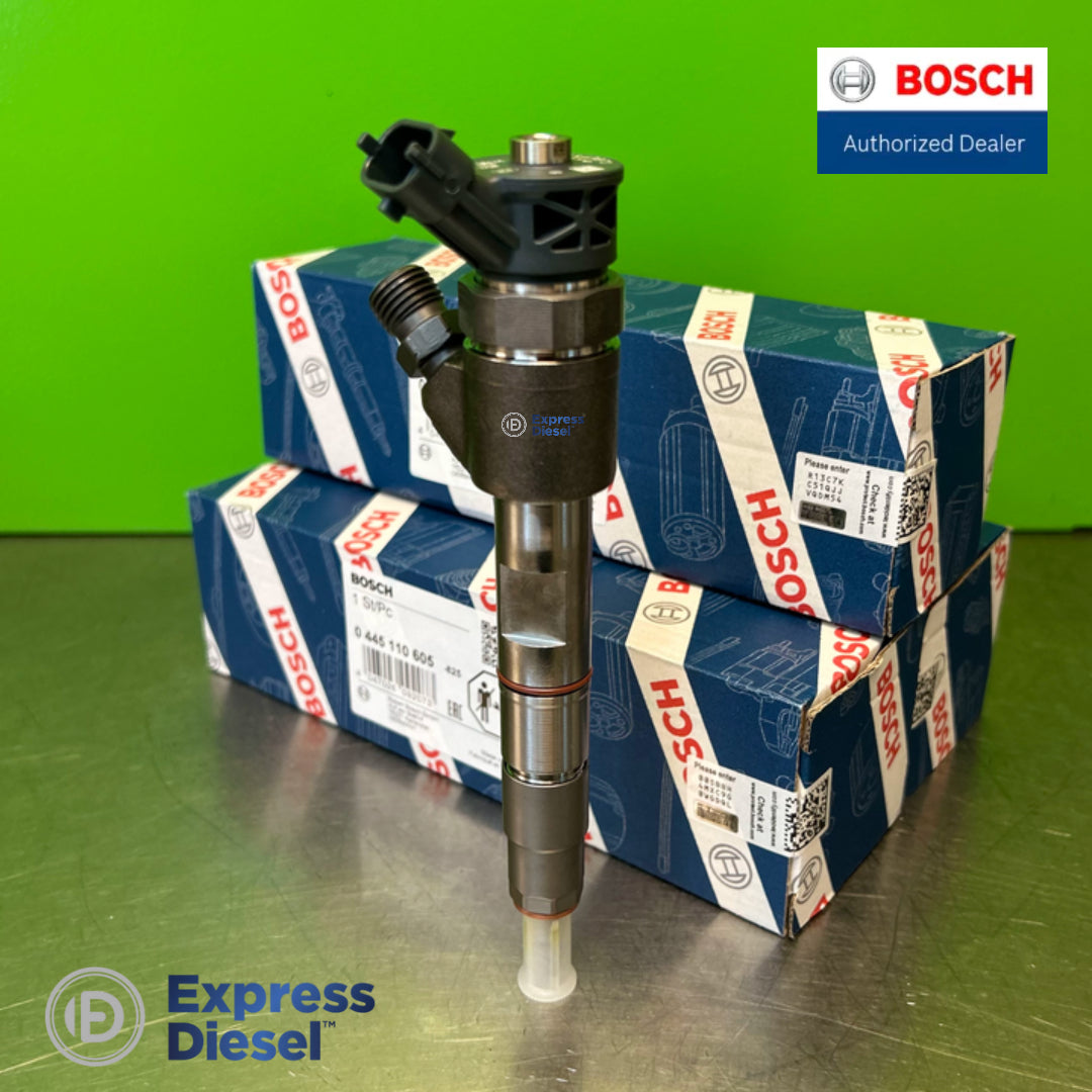 Bosch 0445110605 common rail injector set of 3 - front view with three Bosch boxes