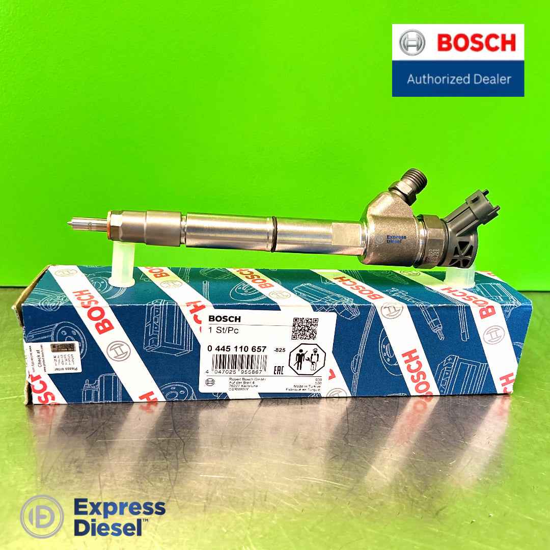 Genuine Bosch 0445110657 CRI2-20 common rail diesel fuel injector OE 5801790338 for Iveco Case New Holland engines with original Bosch OEM packaging