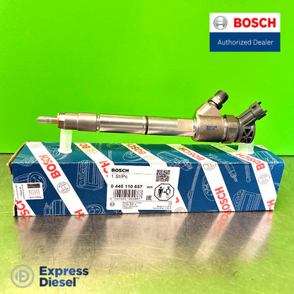 Genuine Bosch 0445110657 CRI2-20 common rail diesel fuel injector OE 5801790338 for Iveco Case New Holland engines with original Bosch OEM packaging