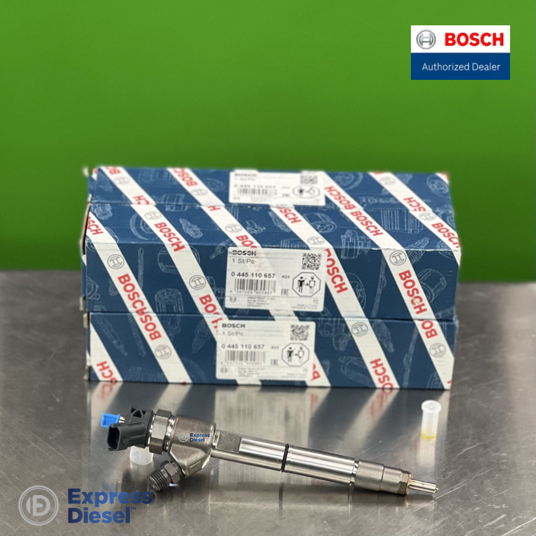 Bosch 0445110657 CRI2-20 diesel fuel injector 4-pack showing original Bosch OEM box labels 0 445 110 657 for Iveco Case New Holland engines