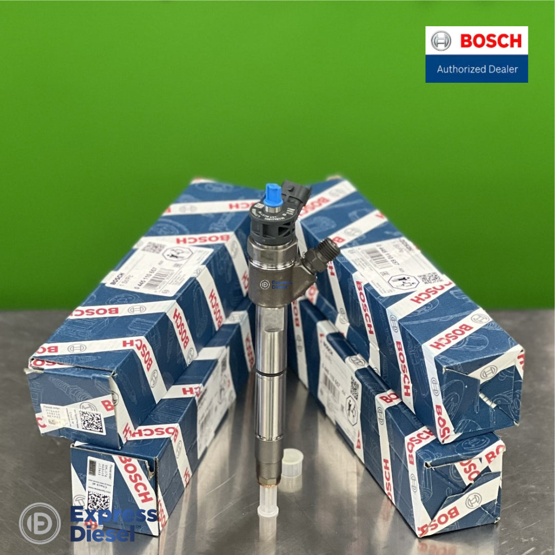 Complete set of 4 Bosch 0445110657 common rail injectors OE 5801790338 for one 3.4L F5 four-cylinder diesel engine with genuine Bosch packaging