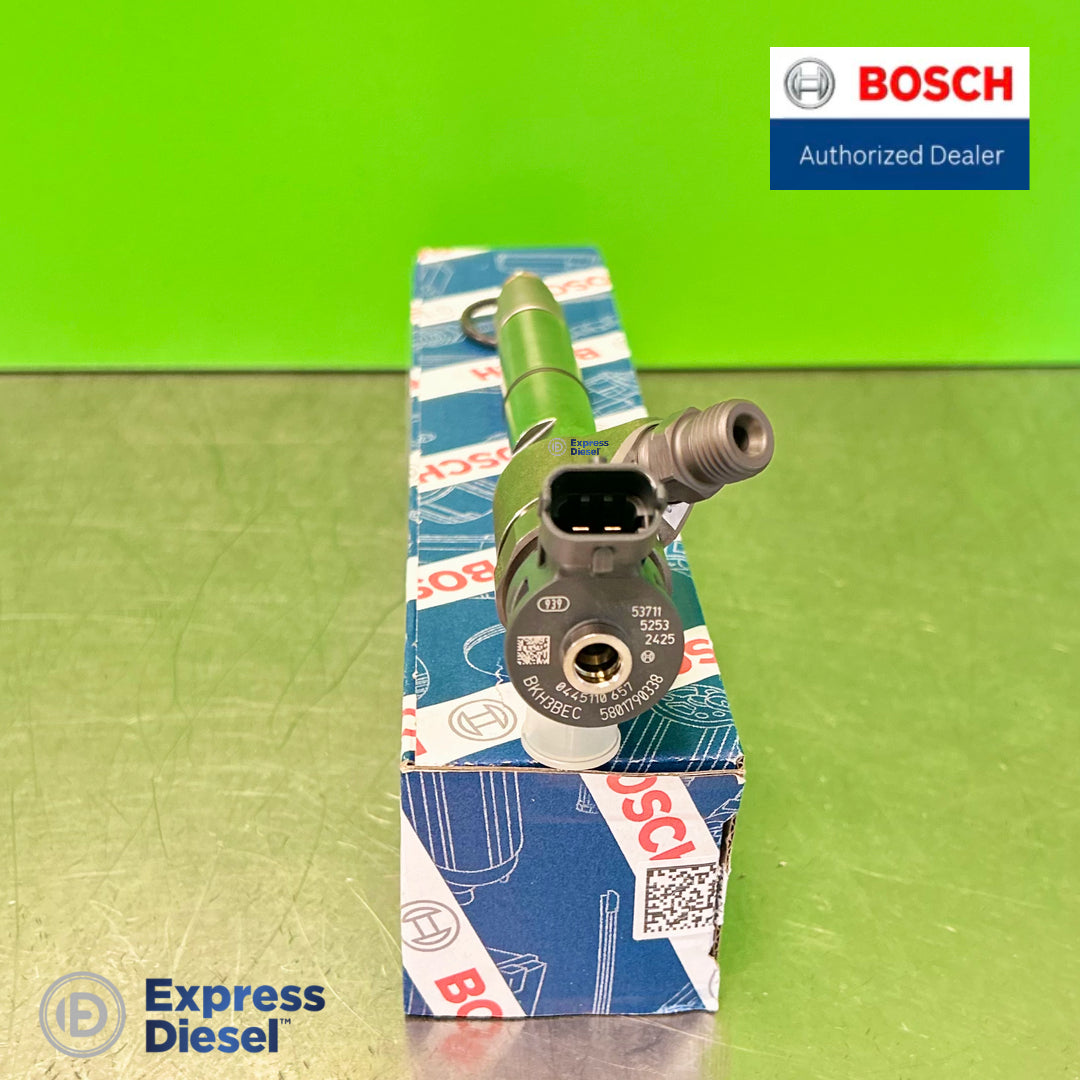 Detail view of Bosch 0445110657 CRI2-20 injector showing laser-engraved part number 0445110657 and inlet port