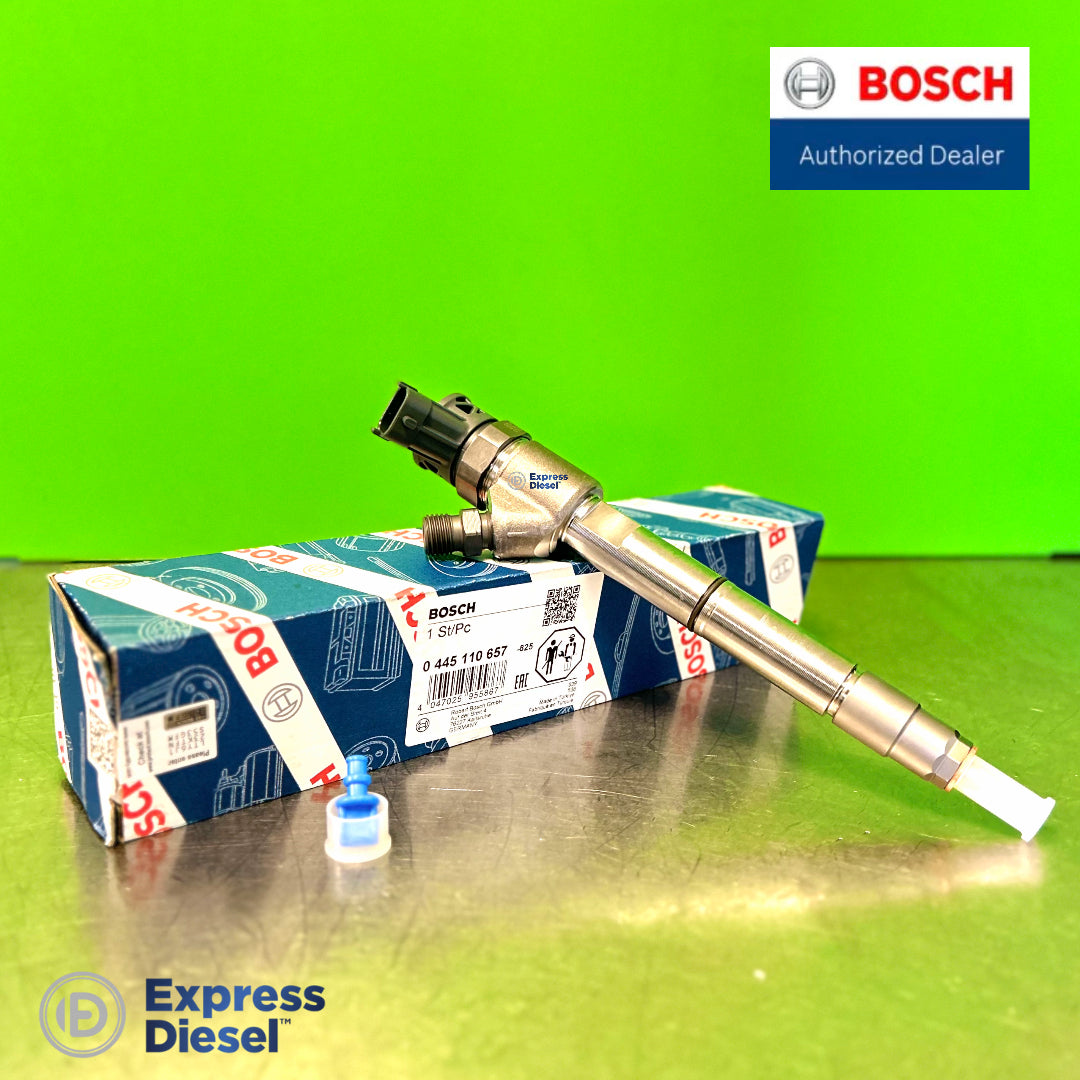 Side view of Bosch 0445110657 common rail diesel fuel injector cross reference ER5801790338 for John Deere applications with Bosch OEM packaging