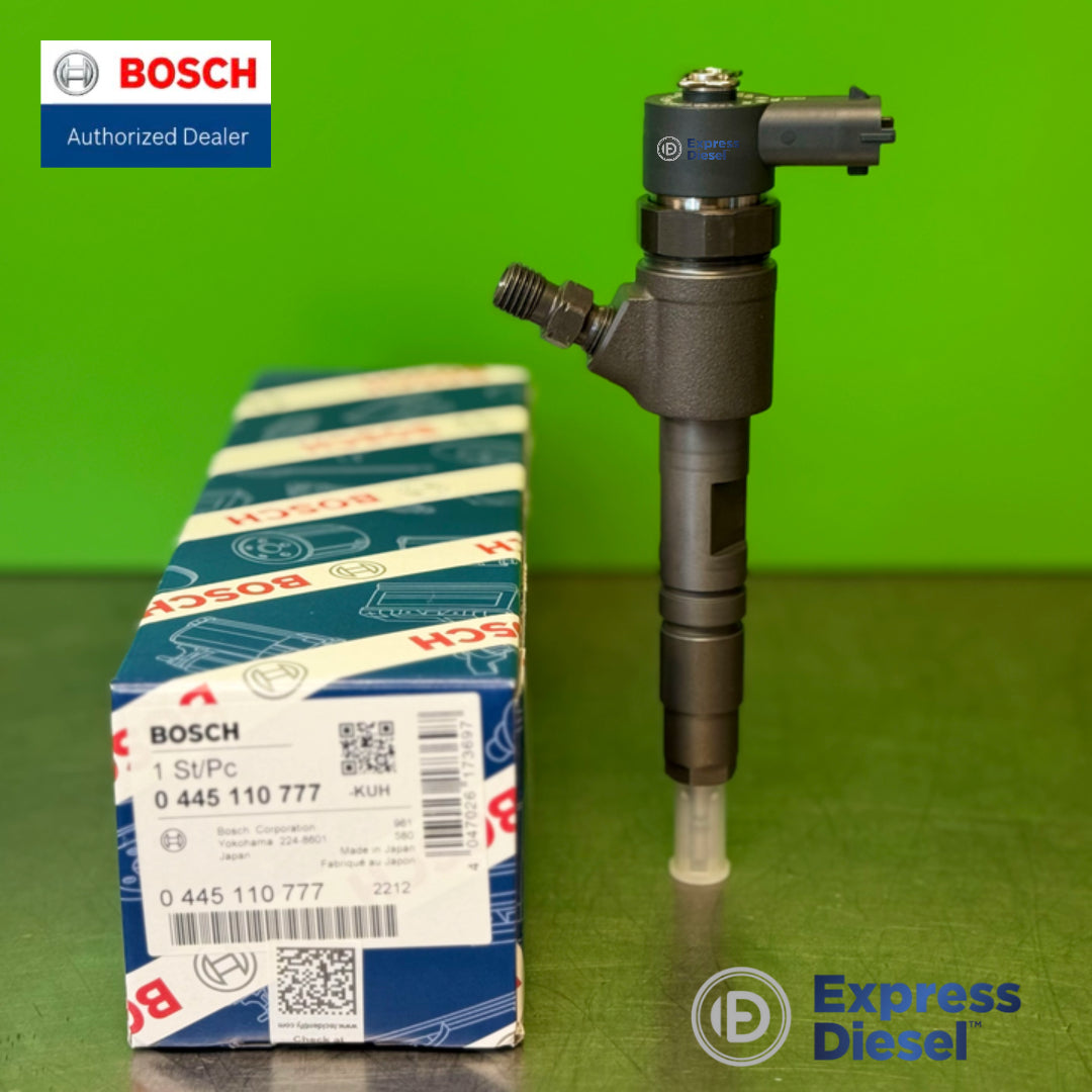 Bosch 0445110777 common rail injector for Kubota - full view with genuine Bosch box